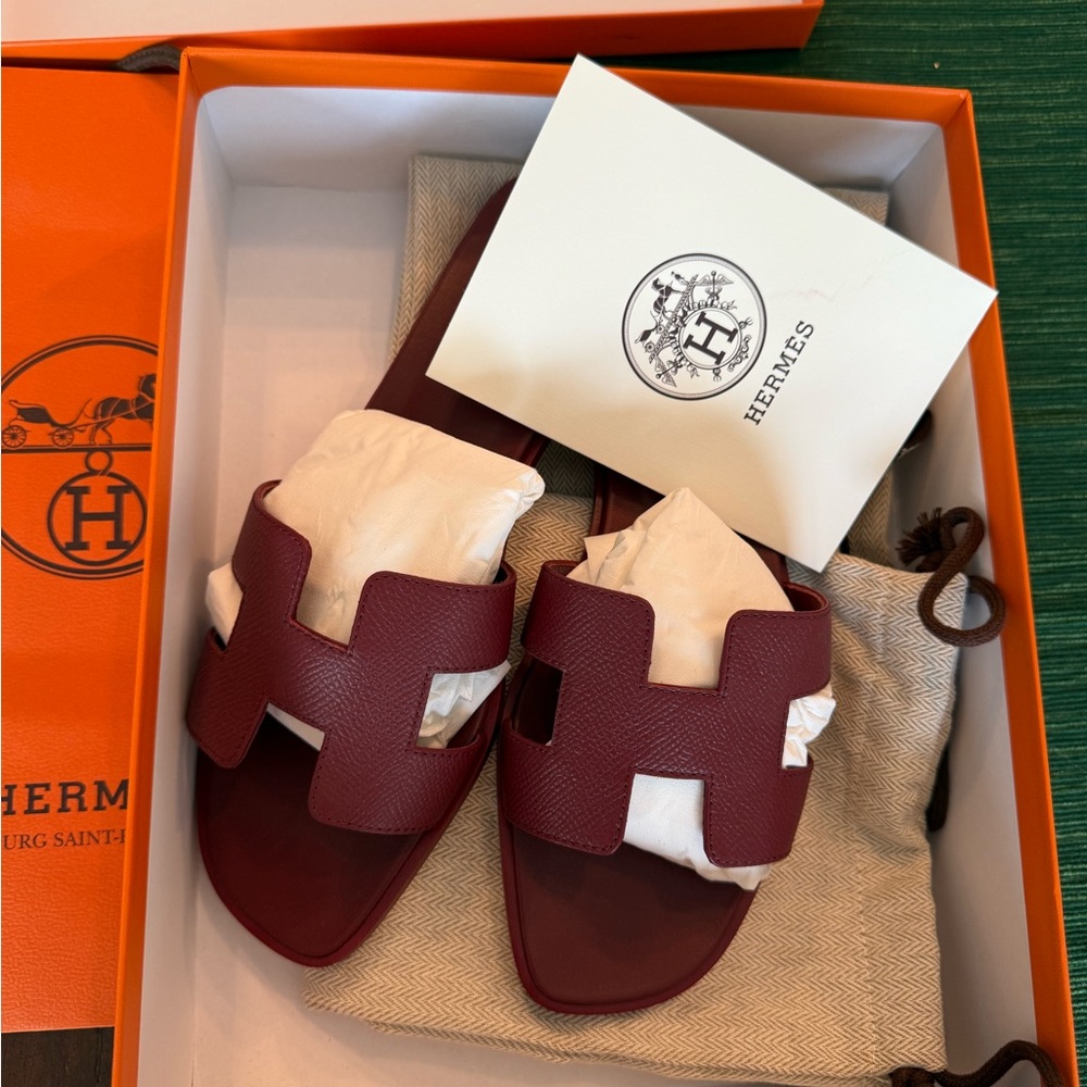 Hermes La Maison Burgundy Sandals